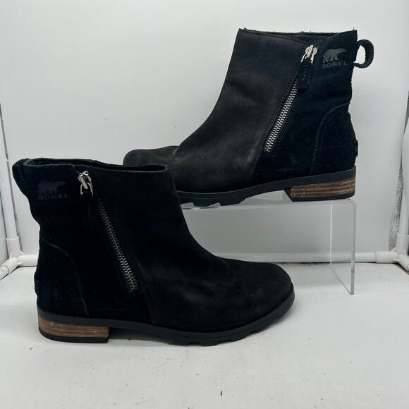 Sorel Boots Womens 8 Emelie Black Leather Side Zip Heeled Ankle Bootie NL3502 - Picture 1 of 7